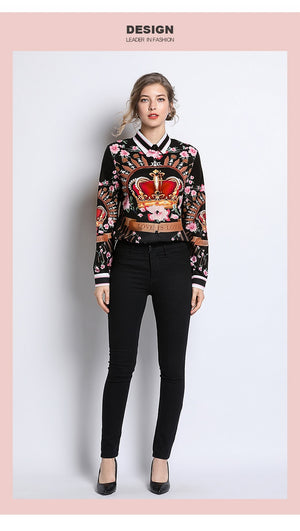 Glamour Style Runway Designer  Blouses  Designer Fashion  Women's Long Sleeve Vintage Chiffon Flower Crown Print Shirt Fashion Tops, Plus sizes Also Available