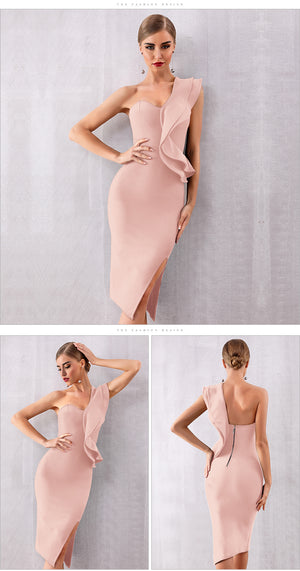 FAB Elegant Bandage Dress Celebrity Evening Party Dresses Sexy One Shoulder Ruffles Bodycon Club Dress Vestidos