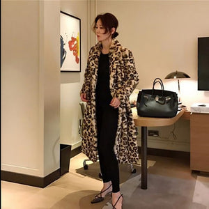 Classic Chic Star Style Leopard Faux Fur Coat Women Long Thick Warm Jackets Fluffy Overcoats Outerwear