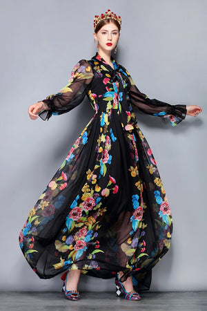 Stunning Beautiful Runway Floral Maxi Dress Plus size Women's Long Sleeve Bow Collar Vintage Floral Print Chiffon Party Holiday Long Dress