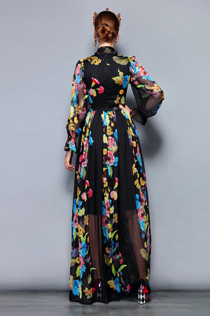 Stunning Beautiful Runway Floral Maxi Dress Plus size Women's Long Sleeve Bow Collar Vintage Floral Print Chiffon Party Holiday Long Dress