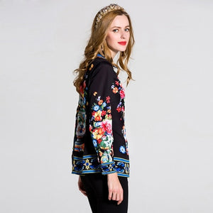 Beautiful  Exquisite  Black Floral Printed Blouse  Women's Turn Down Collar Long Sleeve Fashion Tops