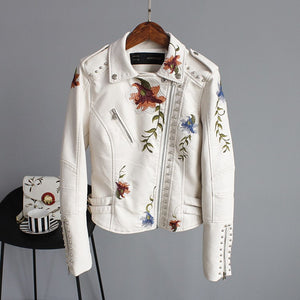 FAB Womens Floral  Print Embroidery Faux Soft Leather  Motor Biker   Motorcycle Black Punk