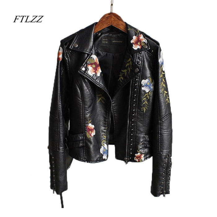 FAB Womens Floral  Print Embroidery Faux Soft Leather  Motor Biker   Motorcycle Black Punk