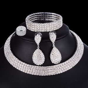 Fine Jewelry Luxury Glamour, Stunning 4 Piece Set Perfect for Evening or Wedding. Bridal Jewelry Sets Necklace Bracelet Ring Earring Set Silver Crystal Jewelry