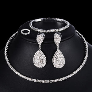 Fine Jewelry Luxury Glamour, Stunning 4 Piece Set Perfect for Evening or Wedding. Bridal Jewelry Sets Necklace Bracelet Ring Earring Set Silver Crystal Jewelry