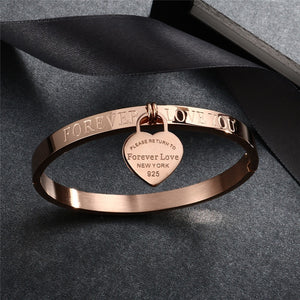 Trendy Lover Love Cuff Bracelets for Woman Rose Gold Color Stainless Steel Bracelet with Heart Pendant Luxury Jewelry Brand