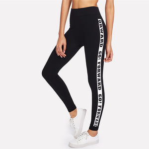 Sporty Fashion Black Letter Slogan Print Side Skinny Bottoms Leggings Women Activewear Casual yoga Pants