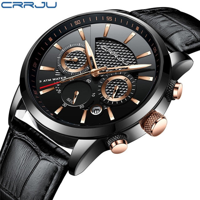 Mens FINE Fashion Watch Analog Quartz Wristwatch Waterproof Chronograph Sport Date Leather Band Watches montre homme