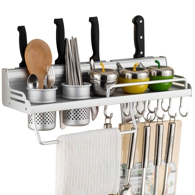 Space Saving Wall Mounted Rack Multifunctional Kitchen Bookshelf Storage Rack with Bottle Rack Silverware Caddy Cutlery