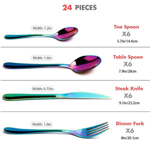 24 PCS Flatware Set Cutlery Stainless Steel Dinnerware Set Rainbow Colorful Silverware Tableware Hotel Party Kitchen Gift Talher