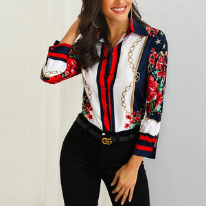 Designer Chic Happy Elegant Women Floral & Chains Print Casual Blouse  Shirts Bohemian Streetwear