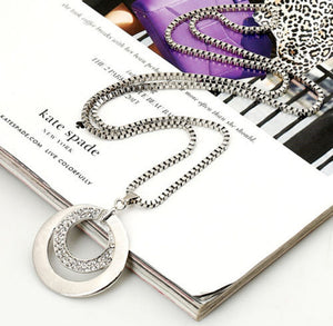 Cool Double Circle Necklace with Crystal Rhinestone Silver Plated Pendant Necklace Gift