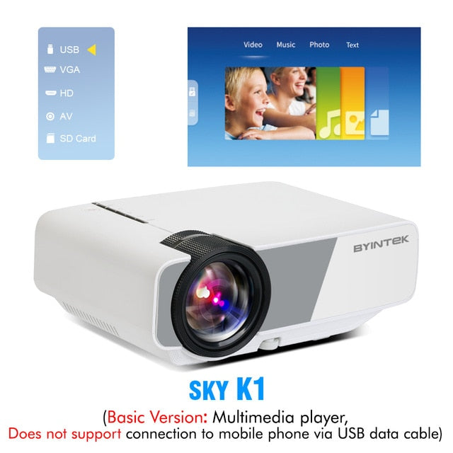 Home Cinema BYINTEK  SKY K1/K1plus LED Portable Home Theater HD Mini Projector (Optional Wired Sync Display For Iphone Ipad Phone Tablet)