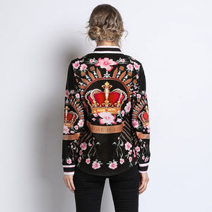 Glamour Style Runway Designer  Blouses  Designer Fashion  Women's Long Sleeve Vintage Chiffon Flower Crown Print Shirt Fashion Tops, Plus sizes Also Available